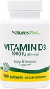 Natures Plus Vitamin D3 (Cholecalciferol) - 1000 iu, 180 Softgels - Nutritional Support for Sunde Knogler & Immunsystem Support - Bioavailable Active Form - Gluten- Free - 180 Servering
