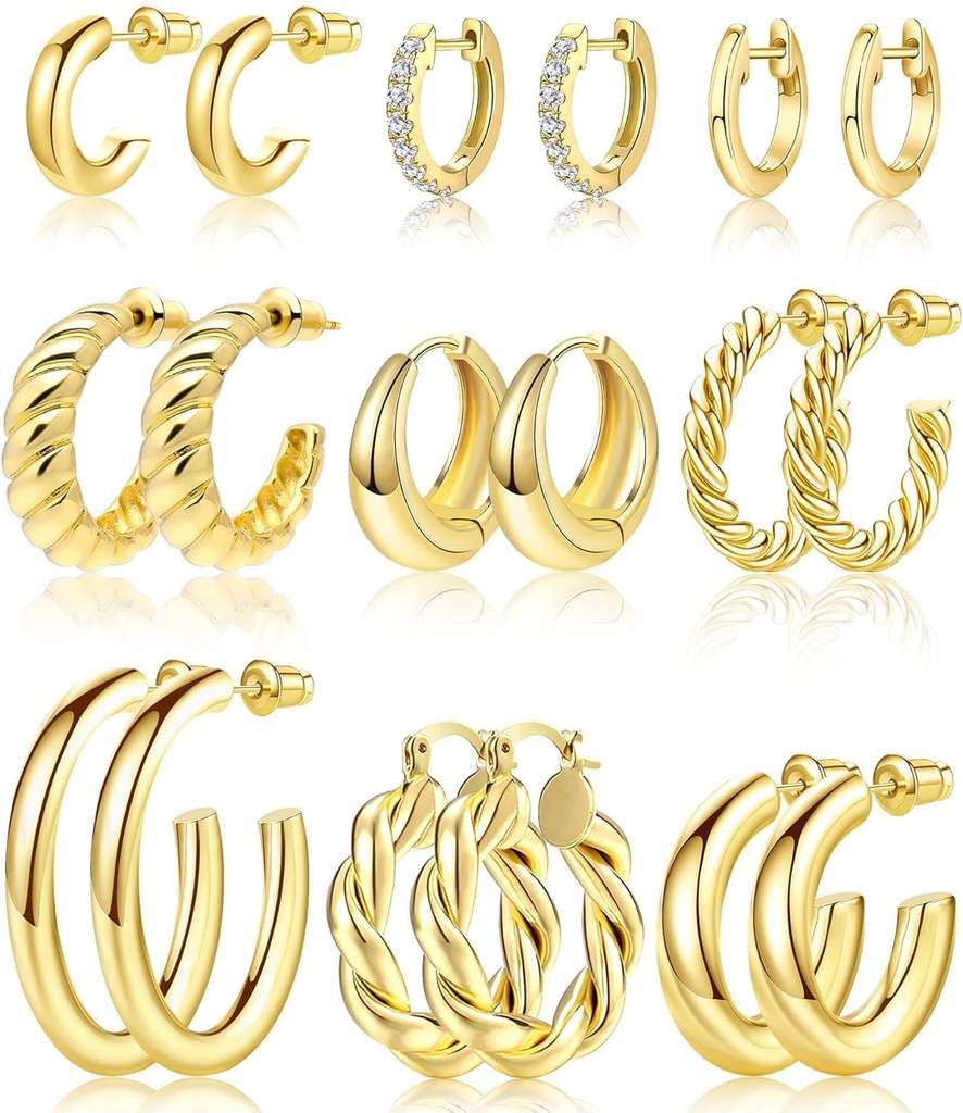 Adoyi 9 par guld Hoop øreringe sæt til kvinder Twisted Huggie Hoops øreringe 14K 18K guld forgyldt til piger Valentines mors dag fødselsdagsgaver Letvægt