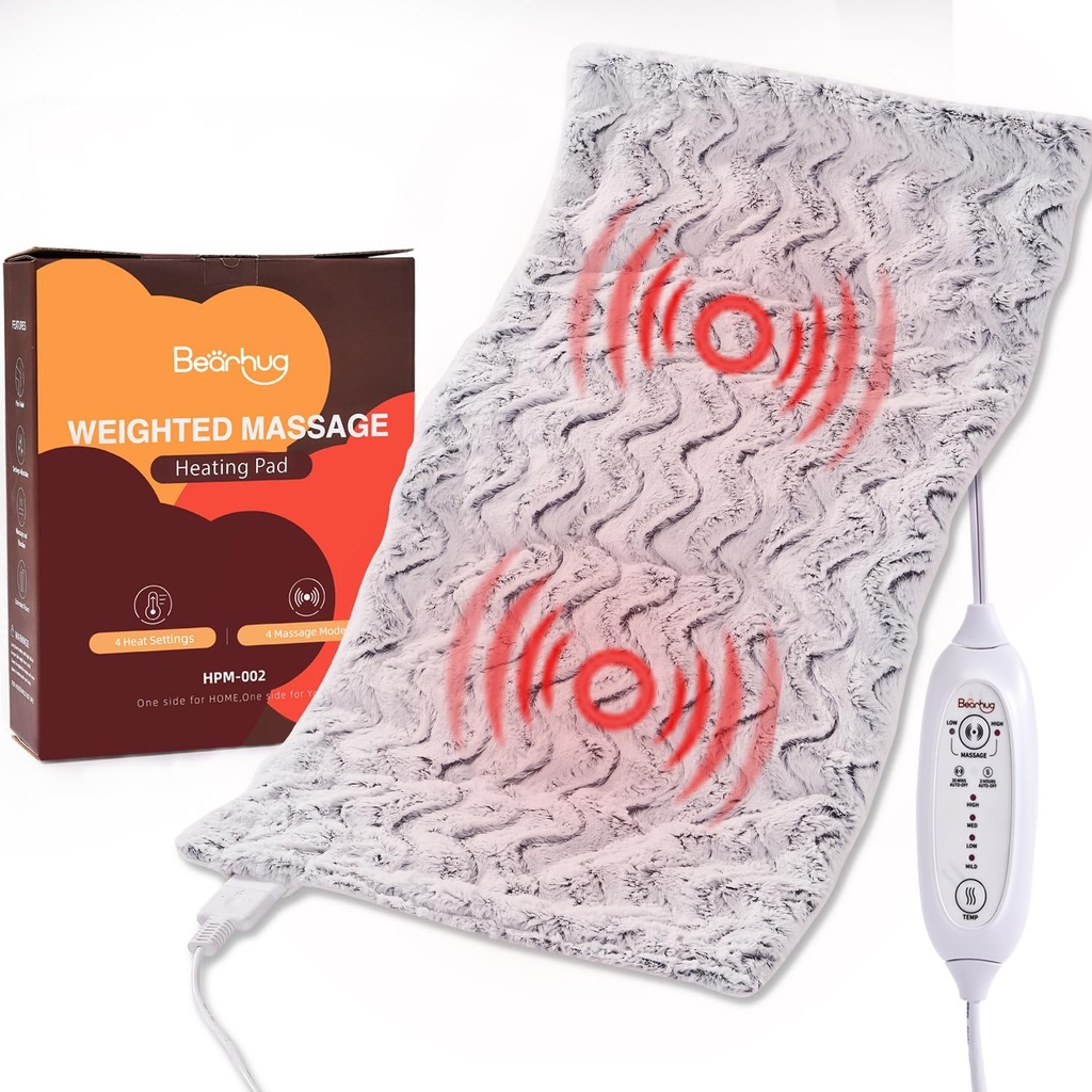 Bearknus XXL Vægtet opvarmning Pad 17x33 (5.42LB) - Double- Sidet Faux Fur, 4 Massage Modes, 4 Varmeindstillinger, 2H Auto- Off, Varmepad for Rygsmerter Relief, Vibrerende Opvarmet Pad, Great Gift