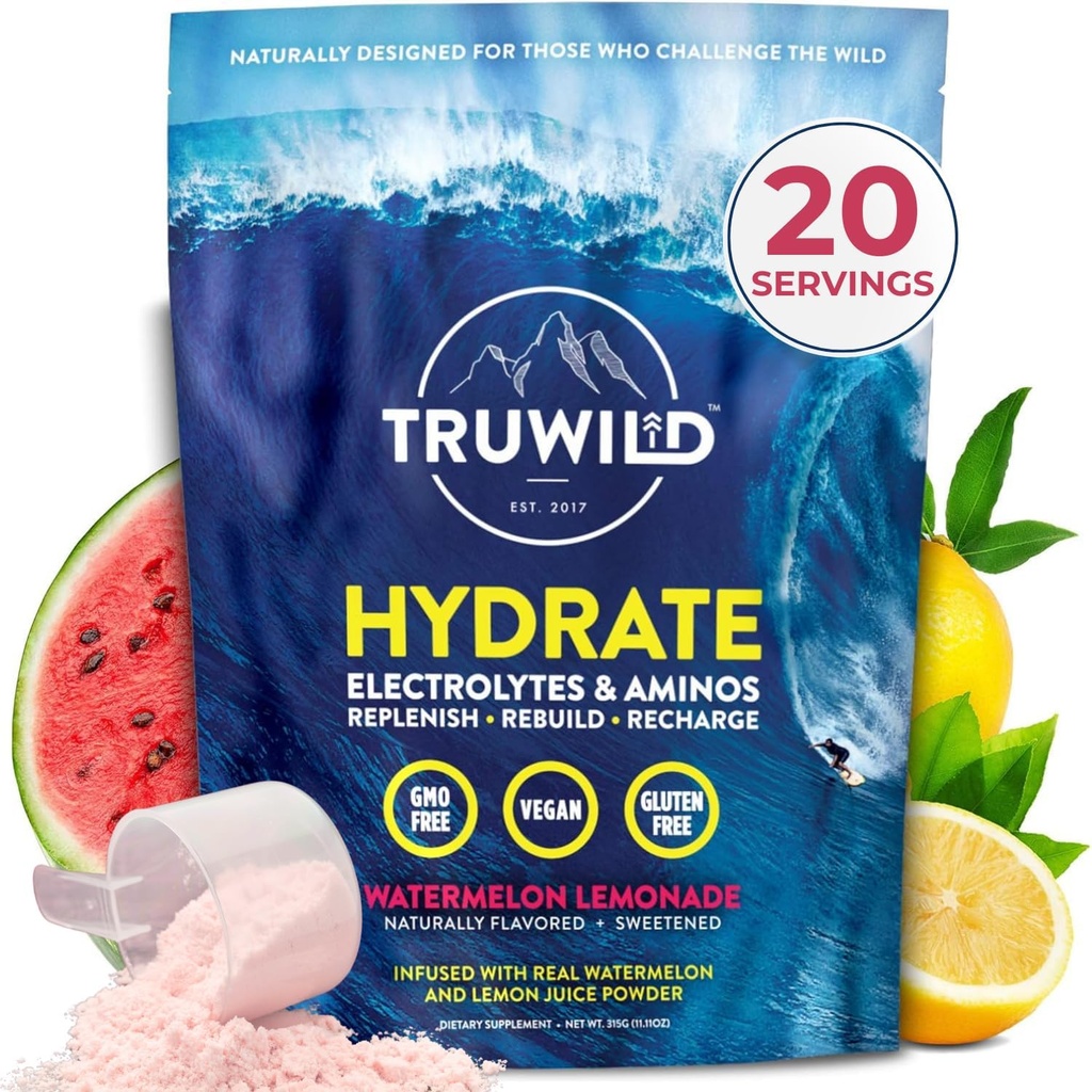 TruWild Natural Hydration Powder med Zero Sugar, Vegan Electrolytes + Aminosyrer, Recovery Drink for Everyday Use, Post Workout Muscle Support Supplement med Magnesium (Watermelon Lemonade)