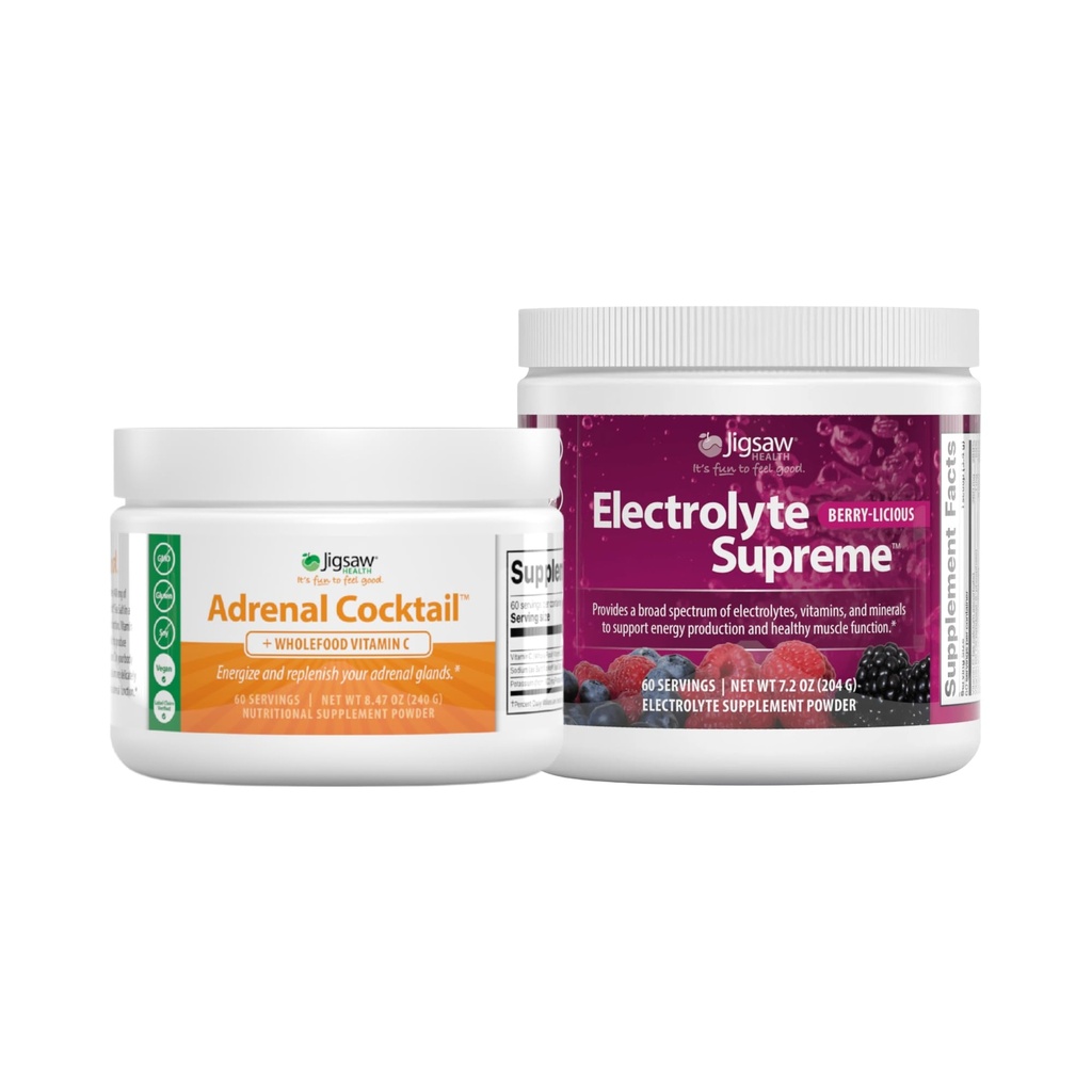 Jigsaw Health Bundle Yester124; Adrenal Cocktail, 60 Serveringer (Jar), og Electrolye Supreme (Berry- Licious), 60 Serveringer (Jar)