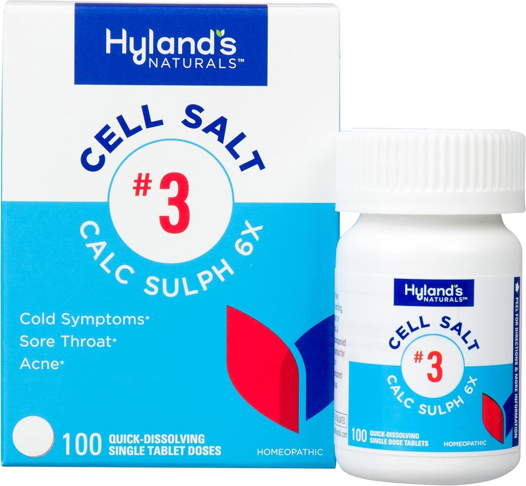 Hyland's Cell Salt No. 3 Calc Sulph 6X Tablets, Cold Relief, Natural Homeopathic Relief of Colds, Sore Throat, Acne, Quick Dissolving Tablets, 100 Count