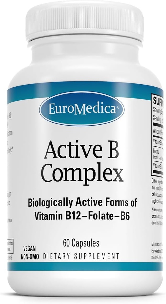 EuroMedica Active B Complex - supplement til aids hjerte sundhed med bioaktive B-vitaminer - supplement med folat & calcium - B Complex kapsler til aids nervesystem sundhed & funktion - 60 kapsler