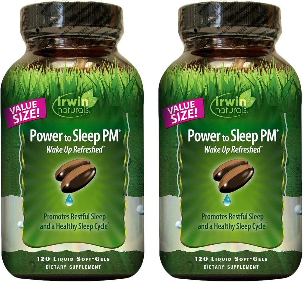 Irwin Naturals Power to Sleep PM - 120 Flydende Soft- Gels, pakke med 2 - med Melatonin, GABA, Ashwagandha, Valerian Root & L- Theanine - 120 Total Servering