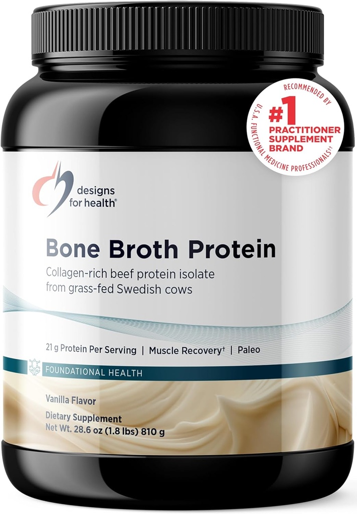 Design for sundhed Bone Broth Protein Powder - 21g Grass- Fed, Collagen- Rich Beef Protein Isolate - Vanilla, Paleo, Non- GMO, Dairy- Free (30 Servere / 810g)