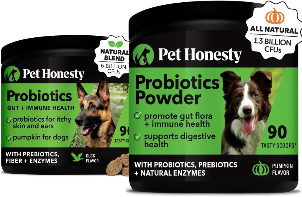 Probiotika Bundle: Hund Probiotika til Diarré & Kylde Support Chews & Powder med fordøjelsesenzymer til Gut Health (Duck 90 ct)