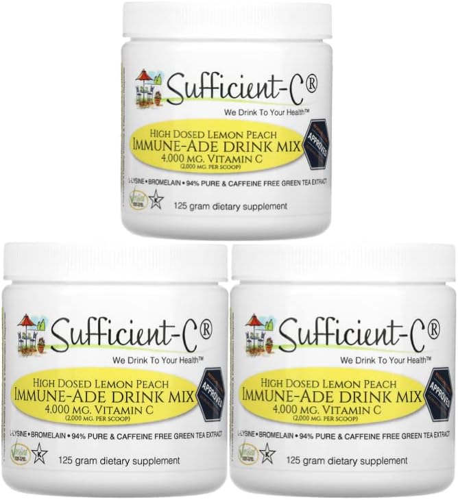 Sufficient-C High Dose Vitamin C Lemon Peach Immune-Ade Drink Mix - 125 gram Three (3) Pack