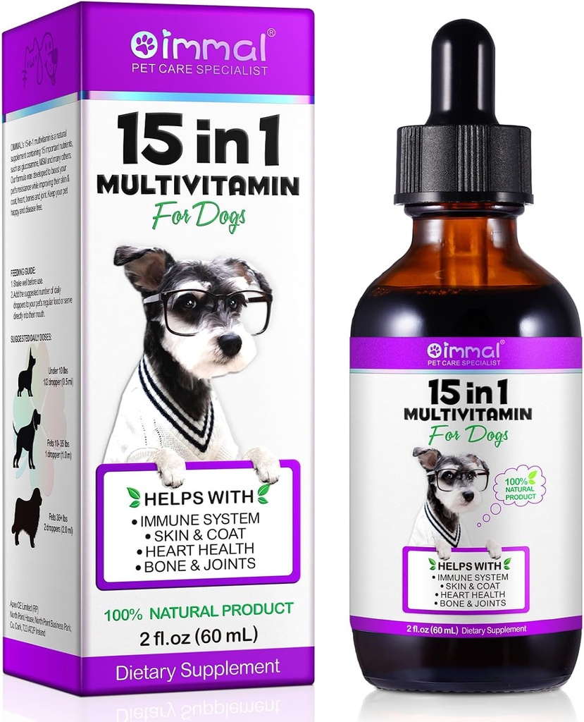 Hund Multivitamin Væske - 15 i 1 Hund Vitamin Multivitamin, Support Skin & Coat, Heart, Bones og fælles sundhed, Pet Vitamin og Kosttilskud (2 Fl Oz)