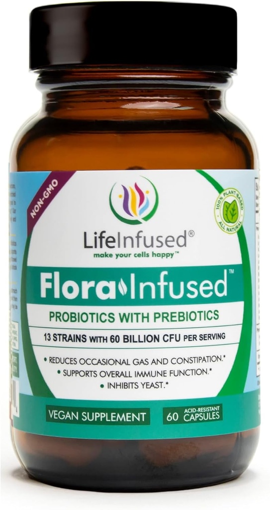 Life Infunded - Flora Infunded Probiotika med Prebiotika - 50 Millioner CFU, 13 stammer, en Proprietary Enzyme Blend til at fremme fordøjelsessygdomme og forbedre immunfunktion. Vegansk - 60 kapsler