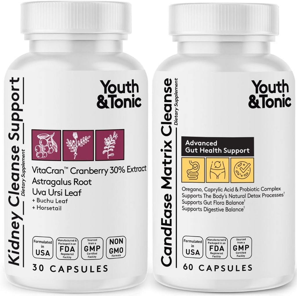 Youth & Tonic CandEase Matrix Pills & Kidney Cleanse Bundle 2 Pack Note 124; Understøtter Body Cleansing og vedligeholder Urinary Tract & Brege Sundhed