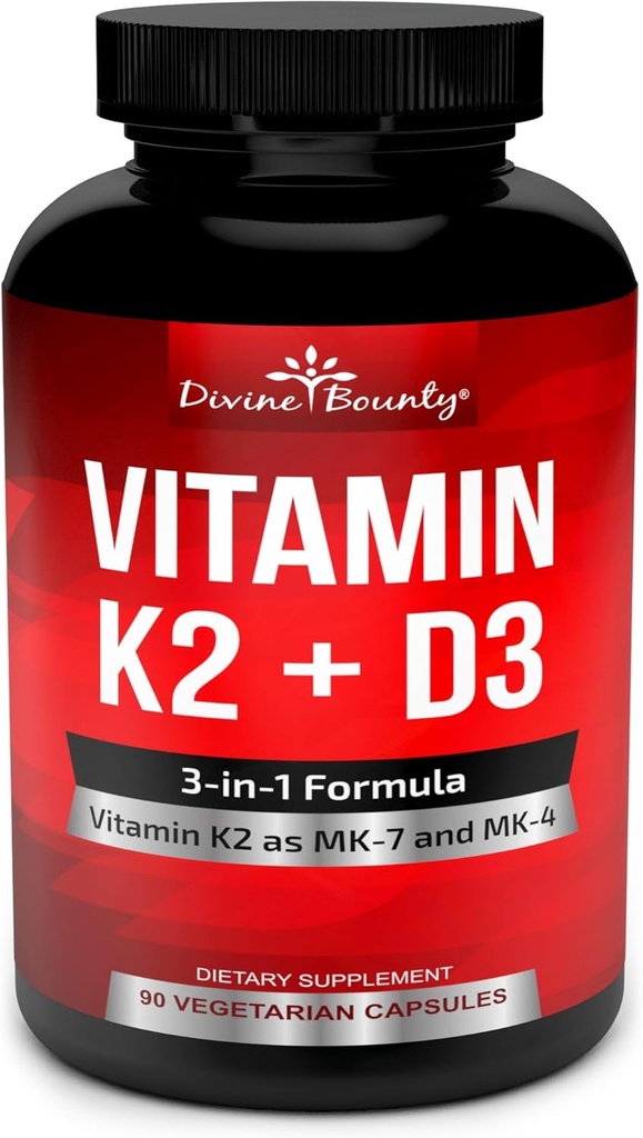 Vitamin K2 (MK7 & MK4) med D3 Supplement - Vitamin K & D som MK- 7 100mcg, MK-4 500mcg, og 5000 IE Vitamin D3 3- in-1 Formel - Bone og Heart Support - 90 Non-GMO vegetariske kapsler
