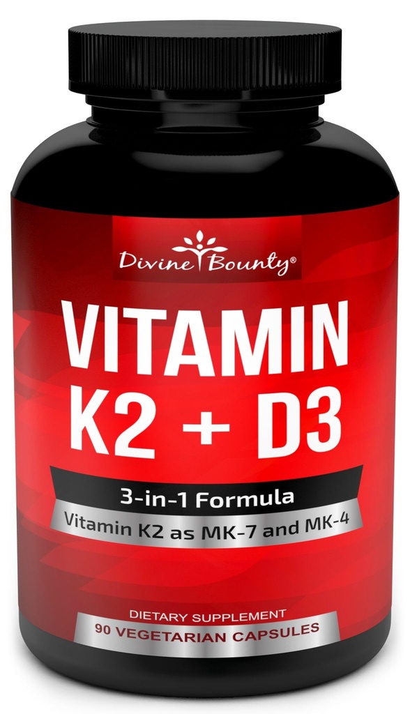 Vitamin K2 (MK7 & MK4) med D3 Supplement - Vitamin K & D som MK- 7 100mcg, MK-4 500mcg, og 5000 IE Vitamin D3 3- in-1 Formel - Bone og Heart Support - 90 Non-GMO vegetariske kapsler