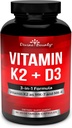 Vitamin K2 (MK7 & MK4) med D3 Supplement - Vitamin K & D som MK- 7 100mcg, MK-4 500mcg, og 5000 IE Vitamin D3 3- in-1 Formel - Bone og Heart Support - 90 Non-GMO vegetariske kapsler