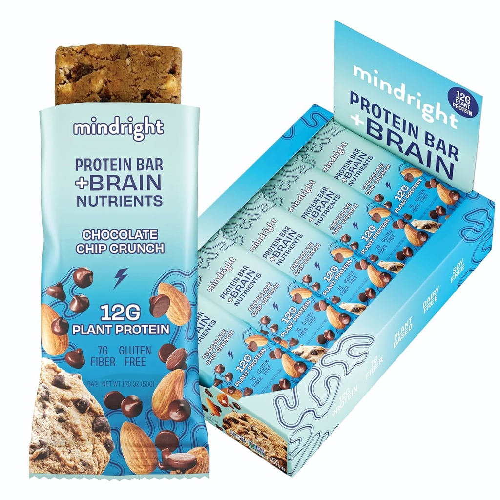 Mindright Superfood Vegan Protein Bar - Gluten Free, Non-Gmo, Low Sugar - Brain Food Snack to Enhance Mood, Energy, and Focus - Pack of 12 (Chocolate Chip Crunch)
