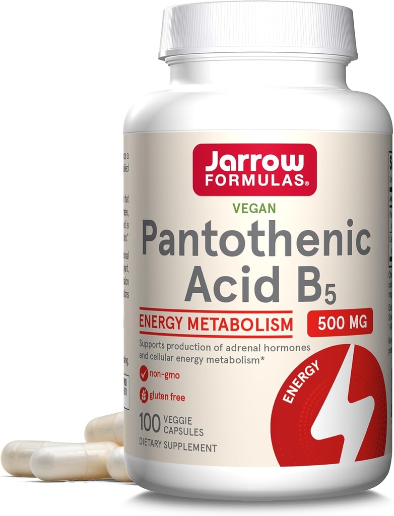 Jarrow Formulas Pantothensyre B5 500 mg - 100 Veggie Caps - Essential B Vitamin - Energiproduktion & Metabolisme Support - 100 Servere