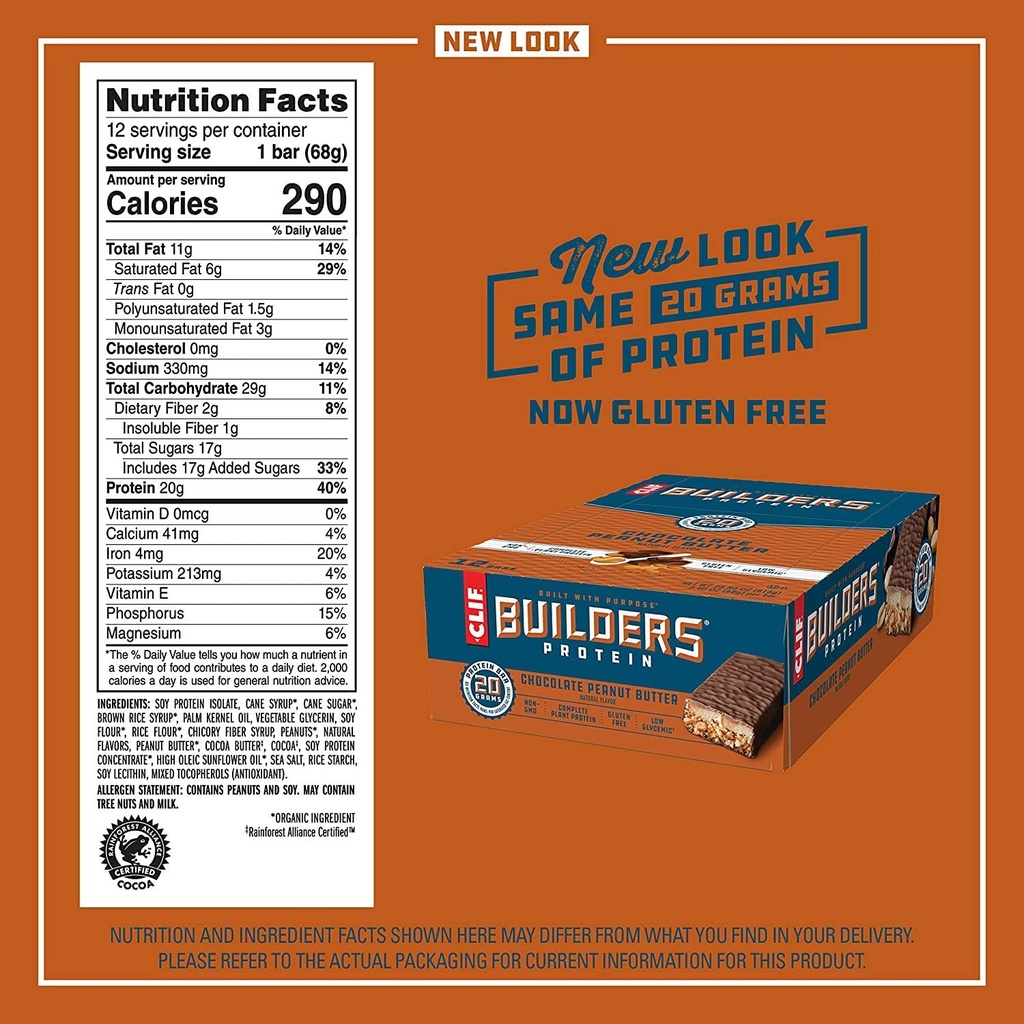CLIF BUILDERS - Proteinbarer - Chokolade Peanut Butter Flavor - 20g Protein (2.4 Ounce, 12 Greve) (Nu Gluten Free)