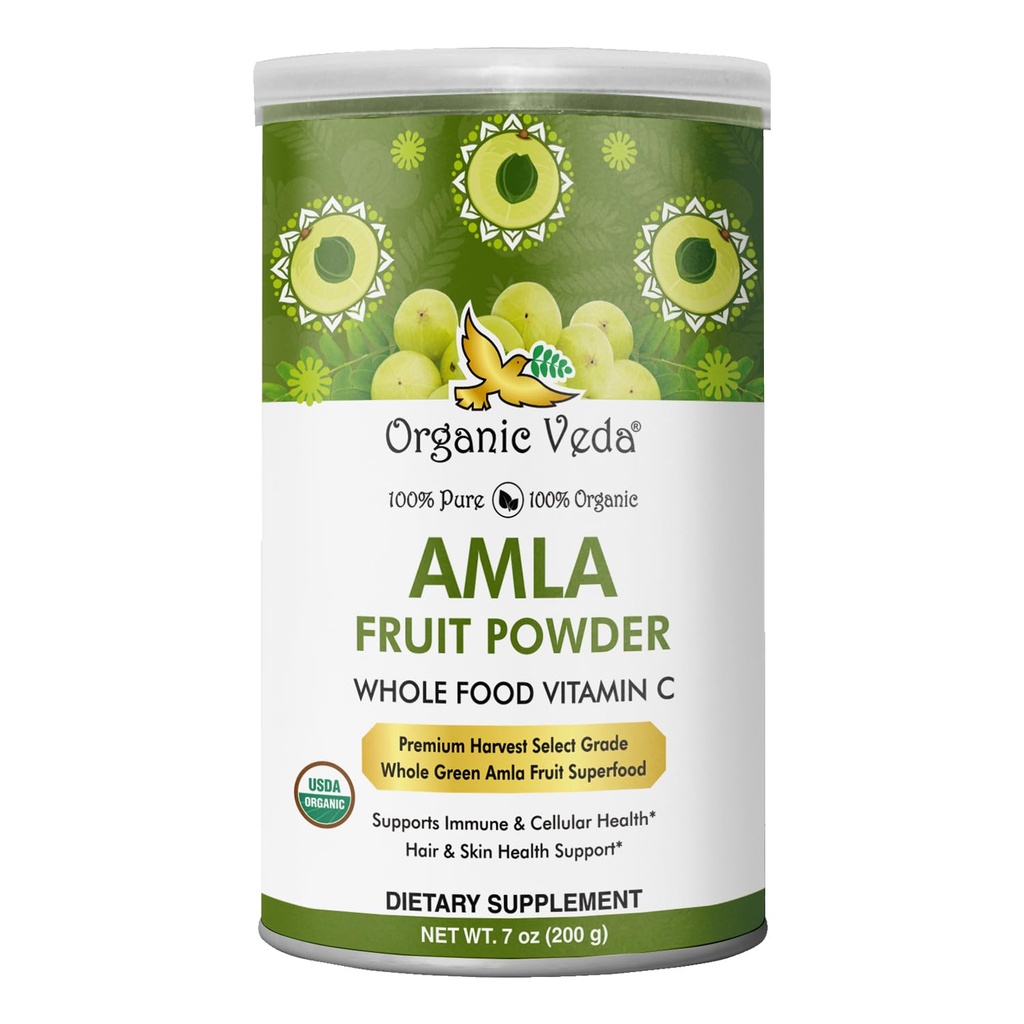 Organic Veda Amla Powder Organic, 7oz - Indian Gooseberry Powder for Hår - 100% Pure Amla Fruit Powder Rich in Vitamin C, Antioxidanter, Understøtter Immunitet, fordøjelse og hud sundhed, non-GMO, Vegan