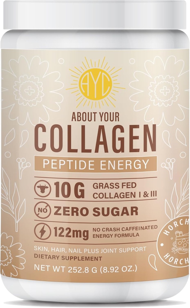 Peptid Energy Collagen Pulver Hår, Negle, Hud, Type I & III, Koffein til energi, C-vitamin, biotin, Hyaluronsyre, Zero Sugar - 8.92 oz (Horchata)