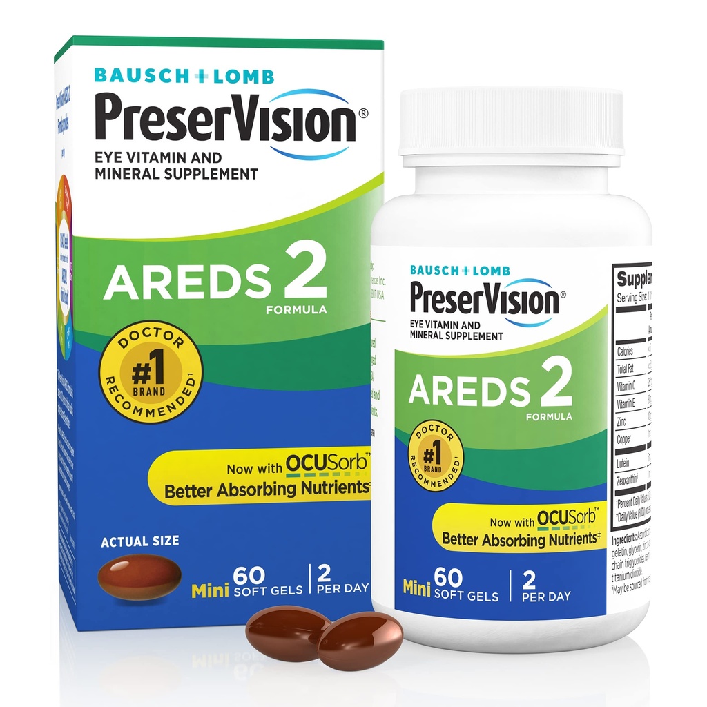 PreserVision AREDS 2 Eye Vitaminer, # 1 Eye Doctor Anbefalet Mærke, Lutein og Zeaxanthin Supplement med C-vitamin, E-vitamin, zink og kobber, 60 Softgel (Minigels)