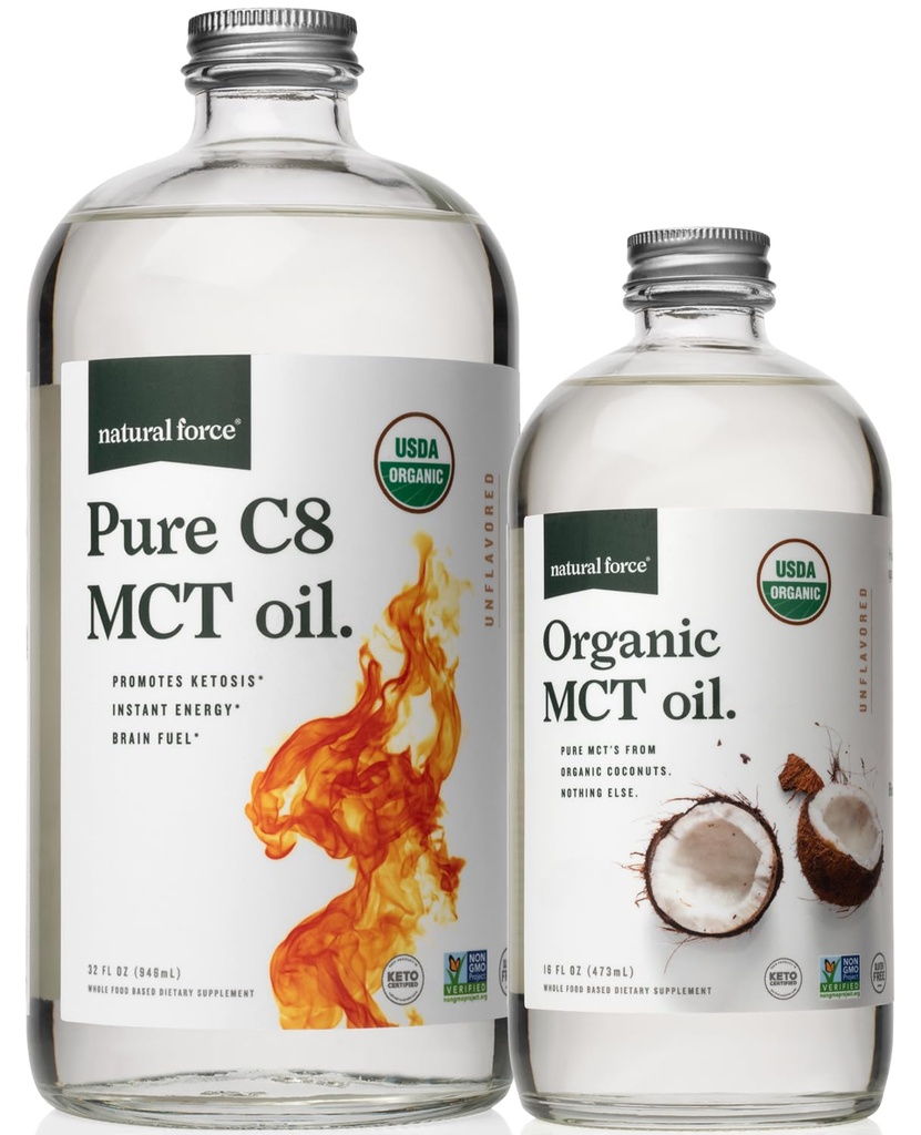 Naturkraft Økologisk Pure C8 + Økologisk Fuld Spectrum MCT Olie - USDA Organic, Ikke GMO, 100% Pure Coconut MCTs - Keto, Paleo, Vegan og Kosher - 32 Oz & 16 Oz Glaskolber
