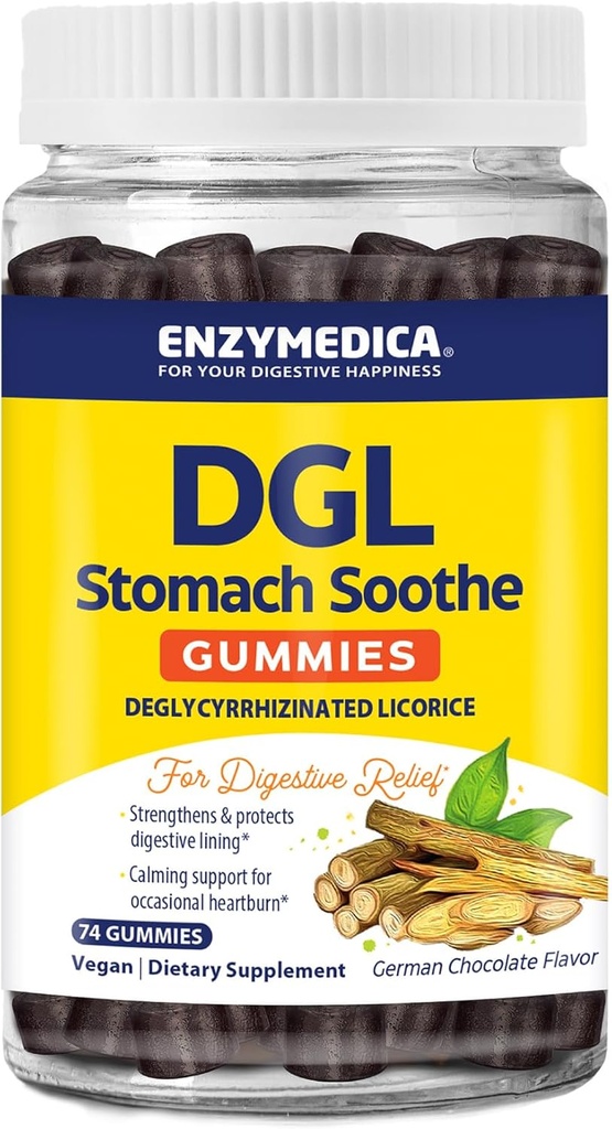Enzymedica, DGL Stomach Sothe, Deglycyrrhizated Licorice Gummies for fordøjelsesstøtte & Gut Health, Chokolade, 74 Greve