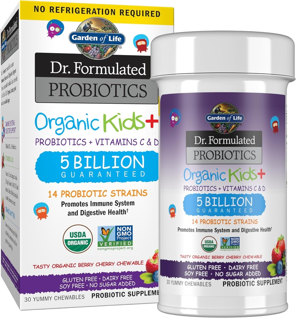 Livets have Dr. Formulerede Probiotika Økologiske Kids + plus C & D-vitamin - Berry Cherry - Gluten, Dairy & Soy Free immuno & fordøjelsessygdomme Supplement, Ingen tilsat sukker, 30 Chewables (Hylde Stable)