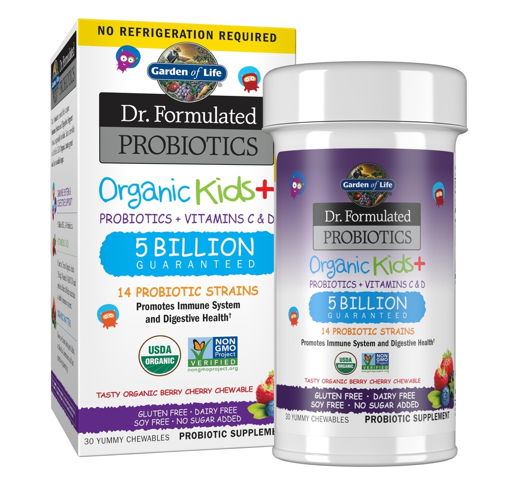 Livets have Dr. Formulerede Probiotika Økologiske Kids + plus C & D-vitamin - Berry Cherry - Gluten, Dairy & Soy Free immuno & fordøjelsessygdomme Supplement, Ingen tilsat sukker, 30 Chewables (Hylde Stable)