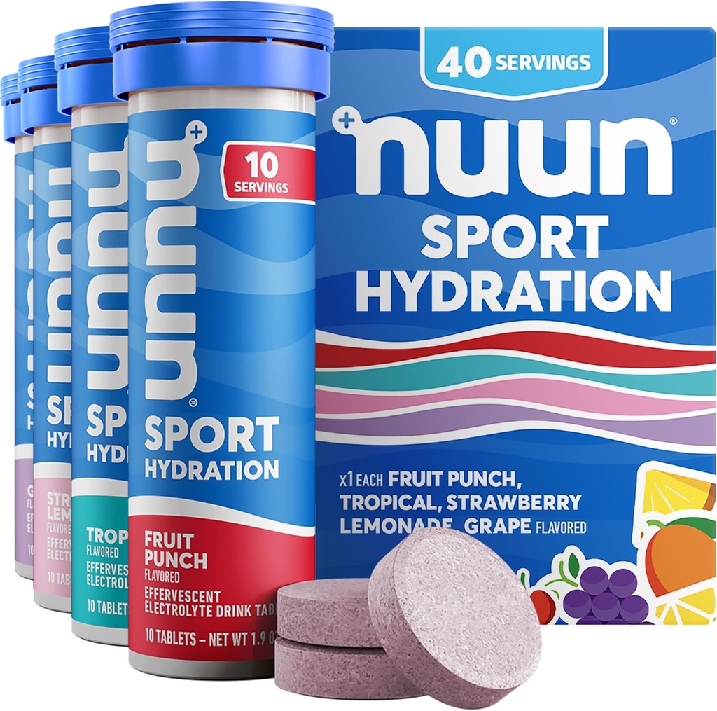 Nuun Sport Electrolyte Tablets med Magnesium, Calcium, Kalium, Chlorid & Natrium, Gluten Free & Vegan, Blandede Flavors, 4 Pack (40 Servere i alt)