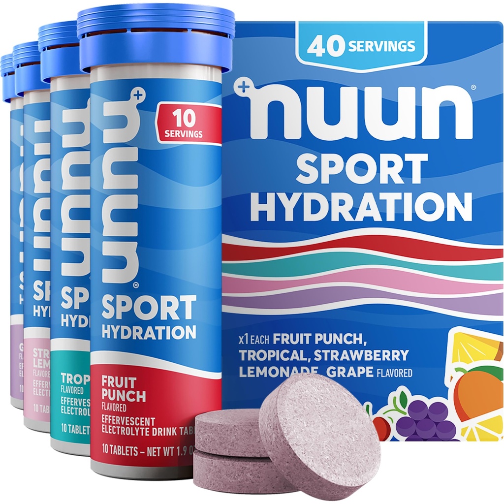 Nuun Sport Electrolyte Tablets med Magnesium, Calcium, Kalium, Chlorid & Natrium, Gluten Free & Vegan, Blandede Flavors, 4 Pack (40 Servere i alt)