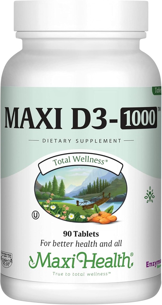Maxi Health Vitamin D3 1000 IE Kosttilskud - Let at synke - Odorless & Tastless - Understøtter Calcium Absorption, immunforsvar og bensundhed hos voksne kvinder og mænd - 90 tabletter