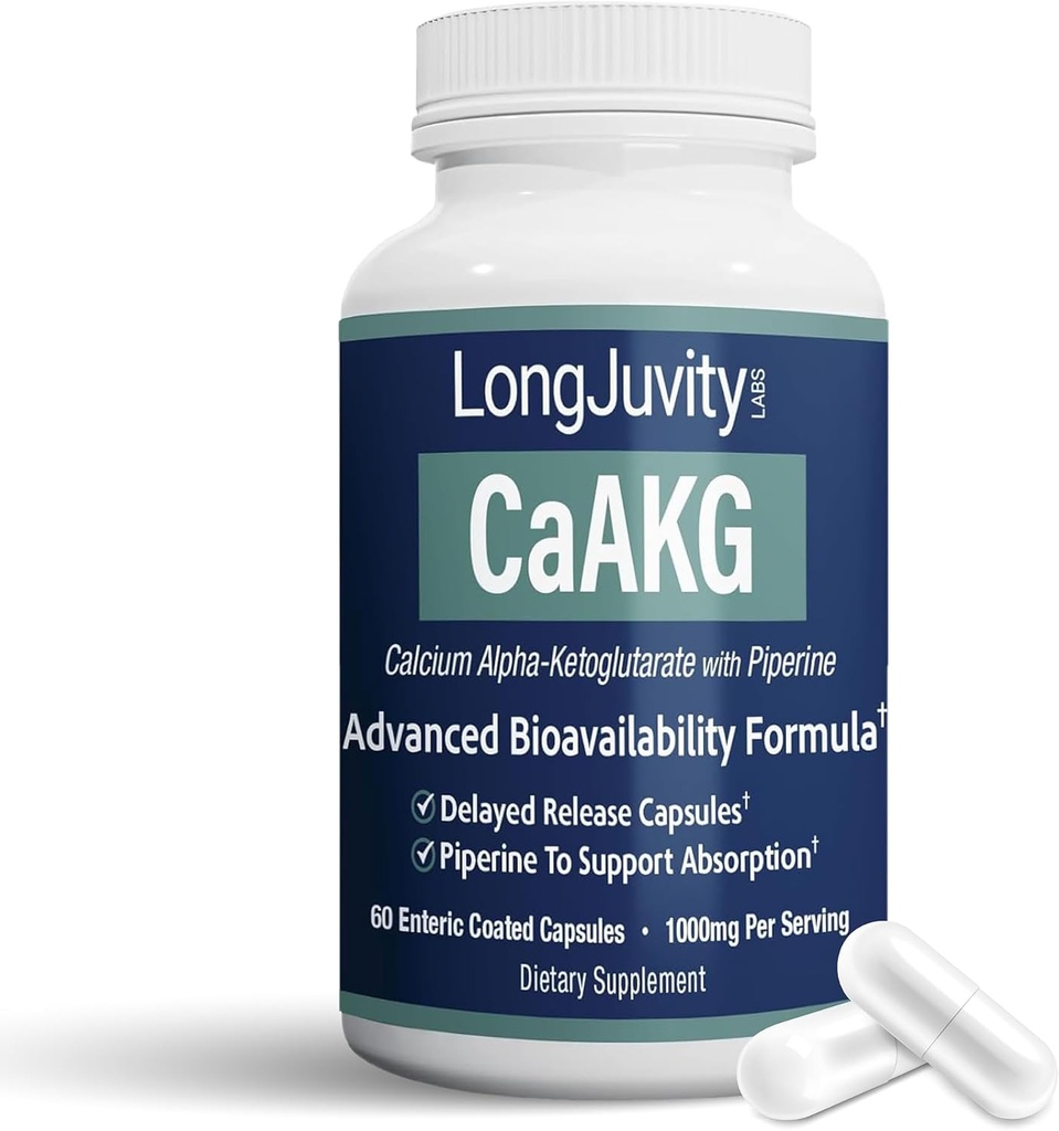 LongJuvity Calcium Alpha- Ketoglutarate Time Release AKG Supplement (1.000mg Per Serving) - Gut Heath, Knoglesundhed, Anti Aging & Longevity - Uafhængigt Lab Testet (60 Enteric Coated Kapsler)