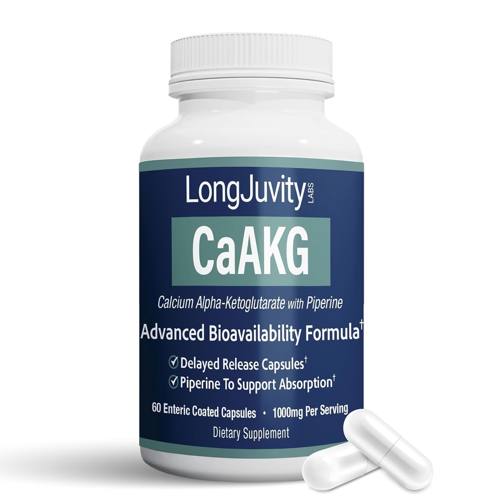 LongJuvity Calcium Alpha- Ketoglutarate Time Release AKG Supplement (1.000mg Per Serving) - Gut Heath, Knoglesundhed, Anti Aging & Longevity - Uafhængigt Lab Testet (60 Enteric Coated Kapsler)