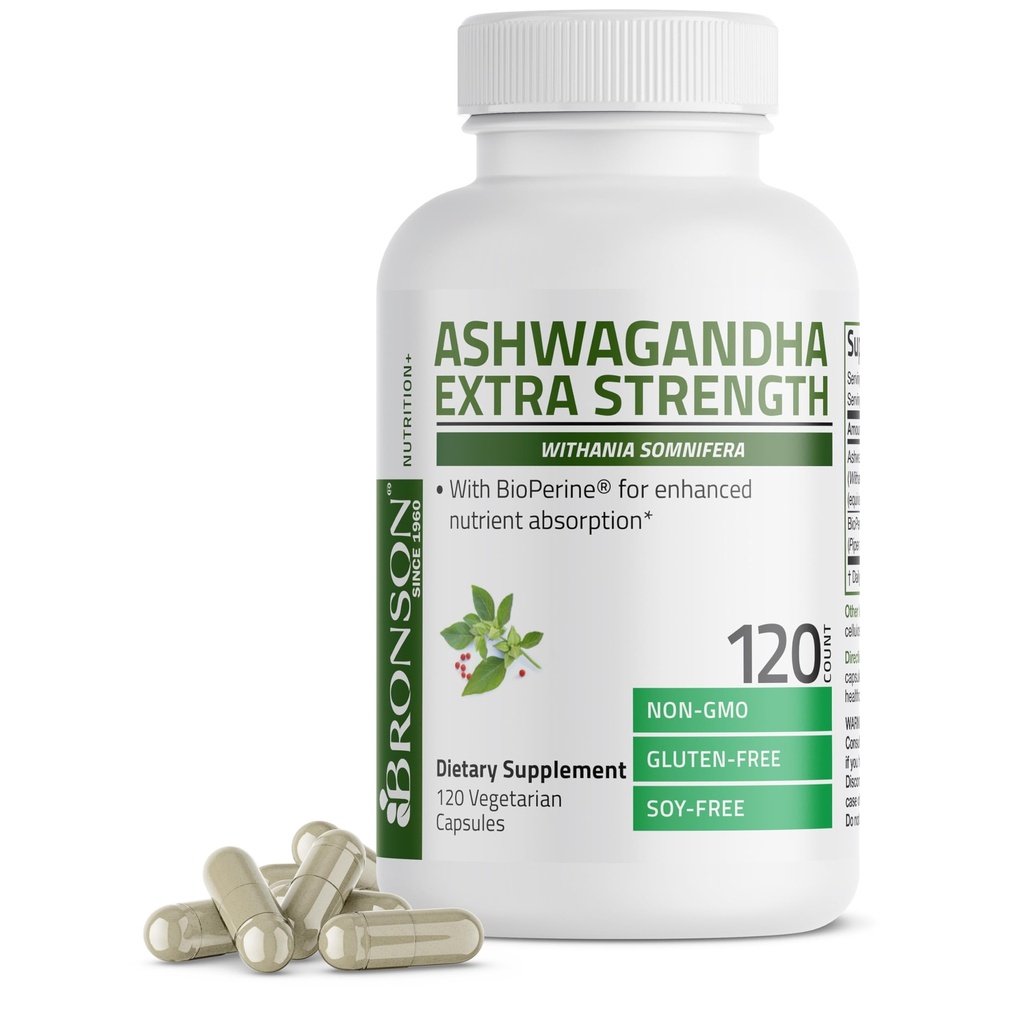 Bronson Ashwagandha Extra Strength Stress & Mood Support med BioPerine - Ikke GMO formel, 120 vegetariske kapsler
