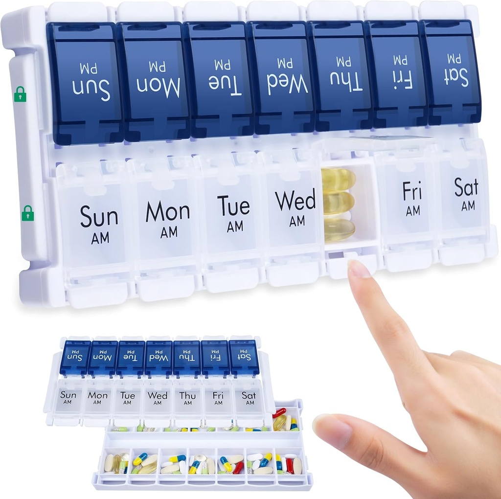 MERICARGO Weekly Pill Organizer 2 gange om dagen, Easy Fyld Stor Pill Box 7 dag, Am Pm Medicine Organizer, Trykknap Daglig Pill sag for Vitamin, Fish Oil, Kosttilskud