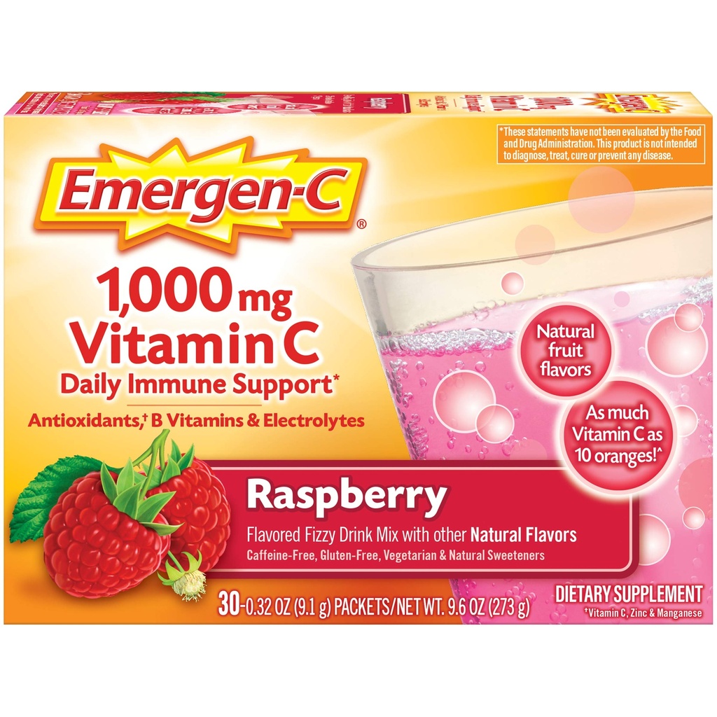 Emergen- C 1000mg vitamin C immunstøtte pulver hindbær 30CT omfatter zink, mangan, 7 B vitaminer og elektrolyter til Tilbage til skolen Essentials