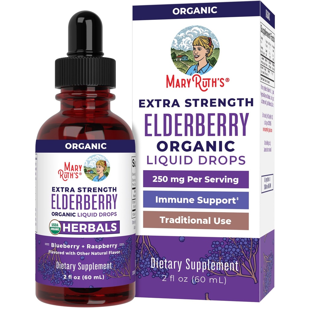 MaryRuth Organics Elderberry Syrup Extra Strength, USDA Organic Elderberry, Sugar Free Voksen- & Kids Immunsupport for Age 1 +, Clean Label Project Verified ®, Vegan, Gluten Free, 2 Fl Oz