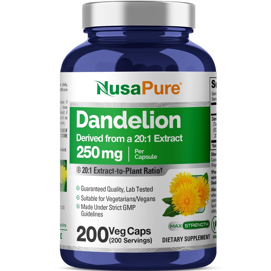 NusaPure Mælkebøtte Root 20: 1 Extract, 250 mg Tilsvarende 5000mg 200 Veg Kapsler (Vegan, Non- GMO)