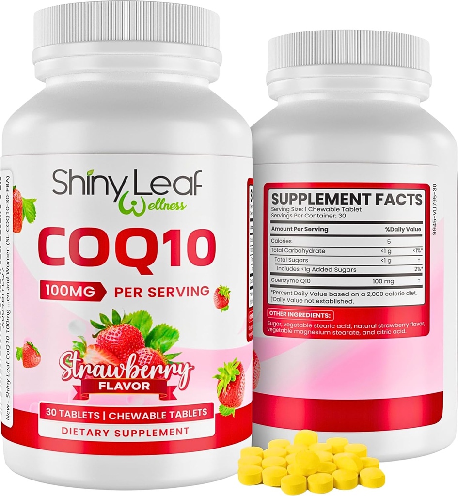Shiny Leaf CoQ10 100mg - Chewable CoQ10 Supplement - Coenzym Q10 for Heart Health & Energy - Natural Co Q 10 Supplement - For cardiovaskulær Wellness - 100mg tyggetabletter, 30 tabletter, Made in USA
