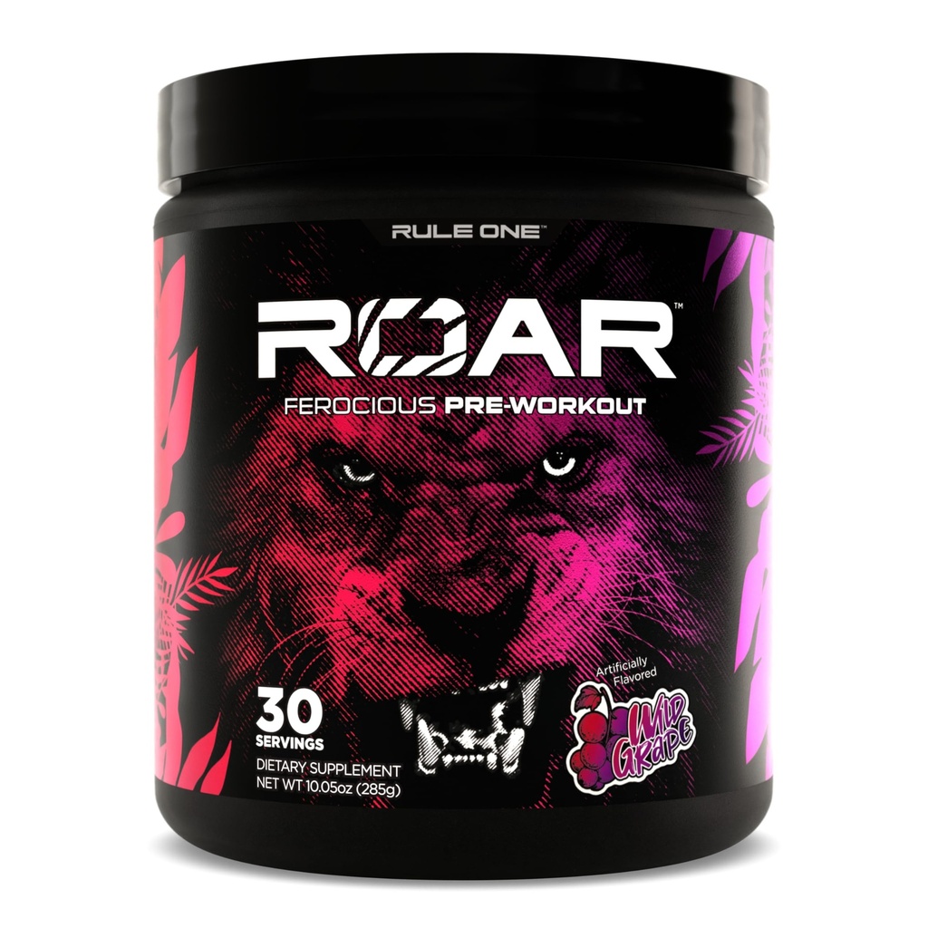 Regel 1 R1 Roar - Pre-workout pulver med Creatin, Beta- Alanine, Citrullin, Elektrolyter & Koffein (30 Servere, Wild Grape)
