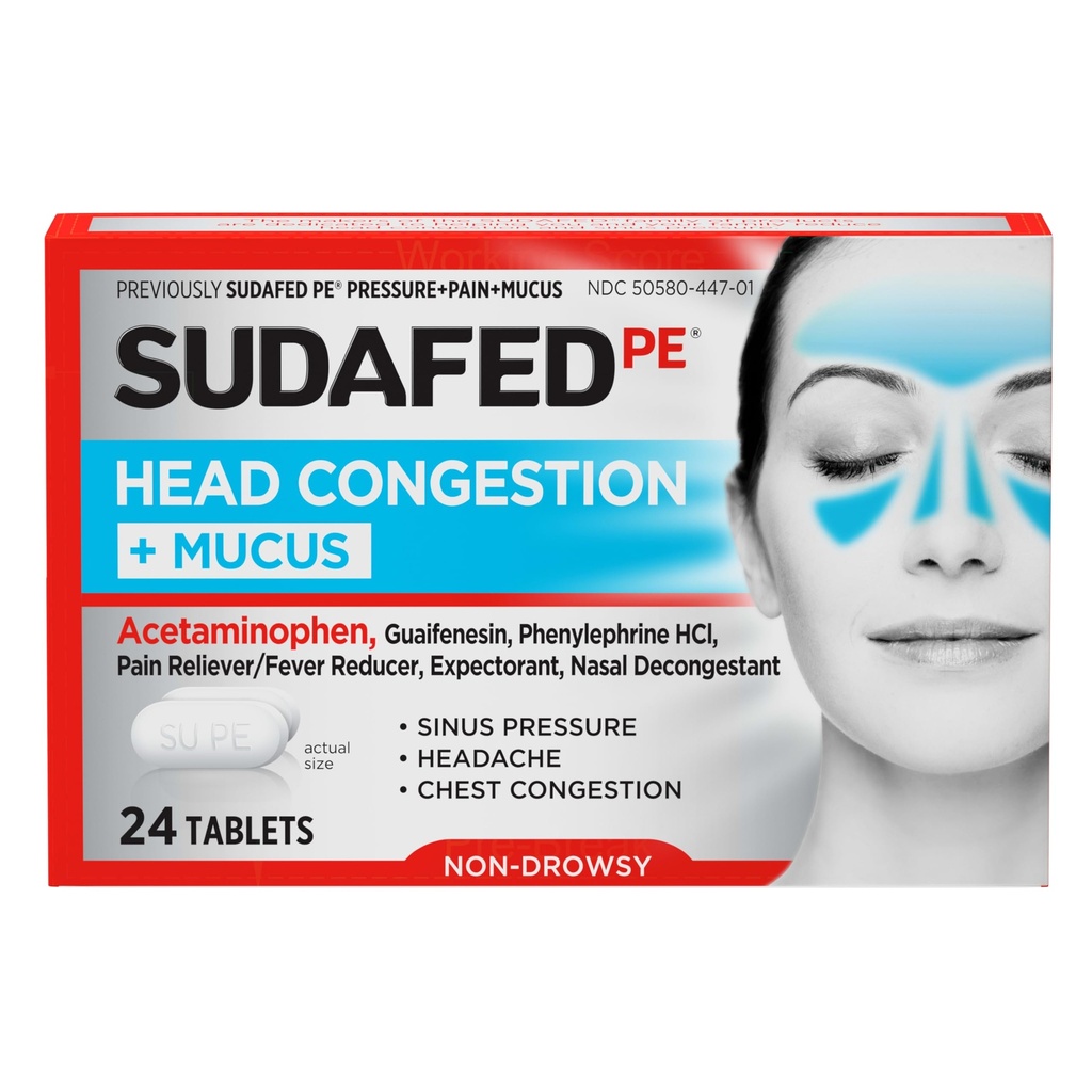 Pludselig PE Head Congestion + Mucus Relief Tablets for Sinus Pressure, Congestion, & Hovedpine, Non- Drowsy Decongestant med Acetaminophen, Guaifenesin & Phenylephrin HCI, 24 ng