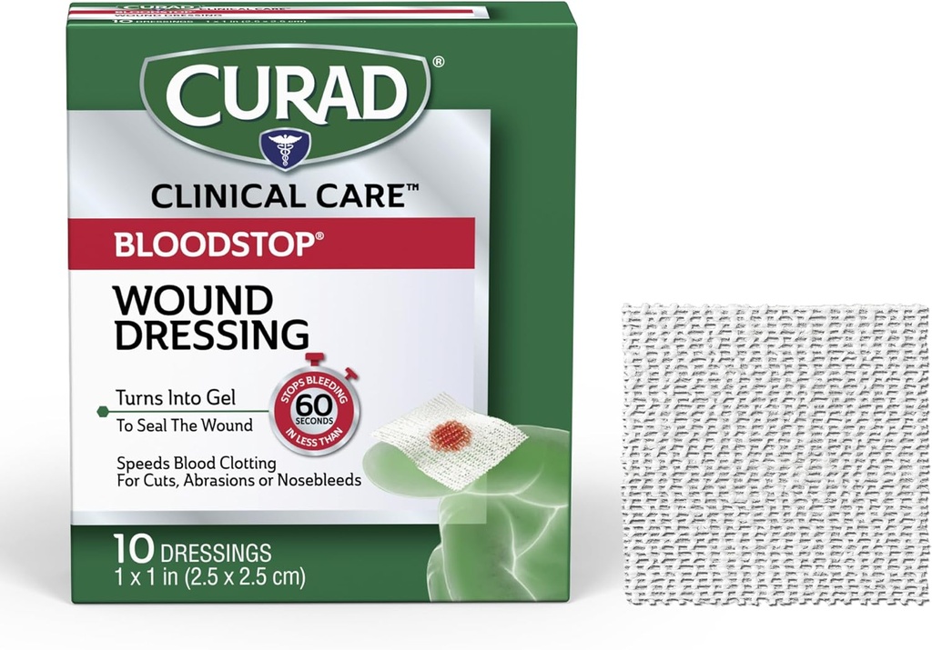 CURAD BloodStop ® Sårpåklædning; 1 "x 1"; Hemostatisk Gauze Hjælper med at stoppe blødning hurtigt; 124; Til udskæringer, slipninger eller næseblod; 10 Tæl