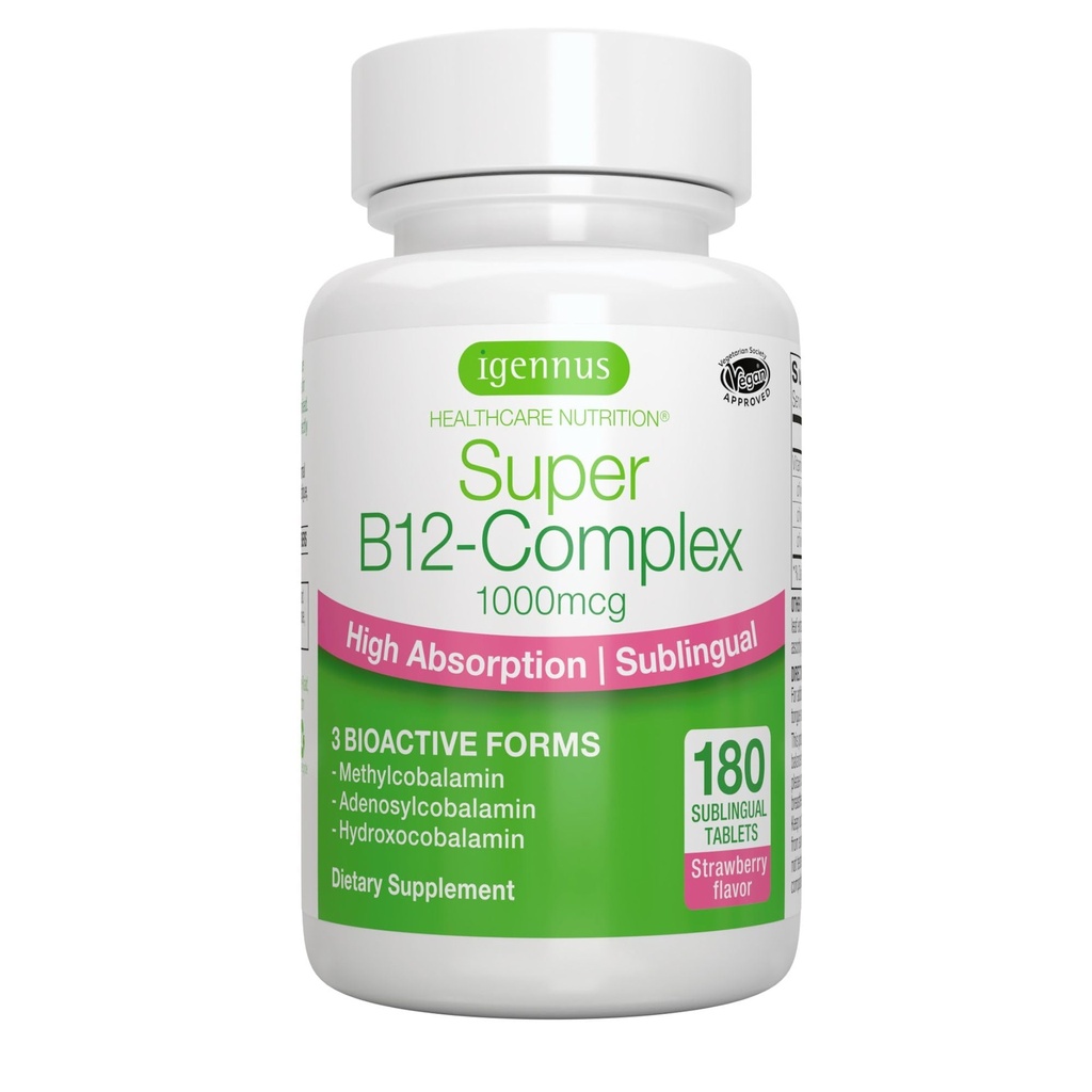 Igennus Sublingual Vitamin B12 Complex 1000mcg, Metyleret methylcobalamin, Adenosylcobalamin & Hydroxocobalamin, Høj Absorption & Clean, 180 Servere, Sukkerfri & Vegan