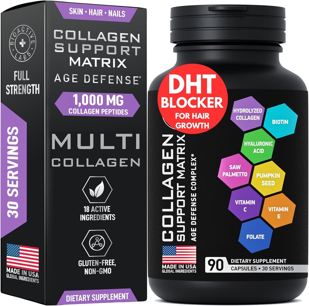Age Defense Beauty Collagen Matrix - 2.000mg Multi Collagen Biotin Keratin Hyaluronic Acid Saw Palmetto C-vitamin Supplement Complex - DHT Blocker til mænd og kvinder for hårvækst - 90 Gluten- Free Caps