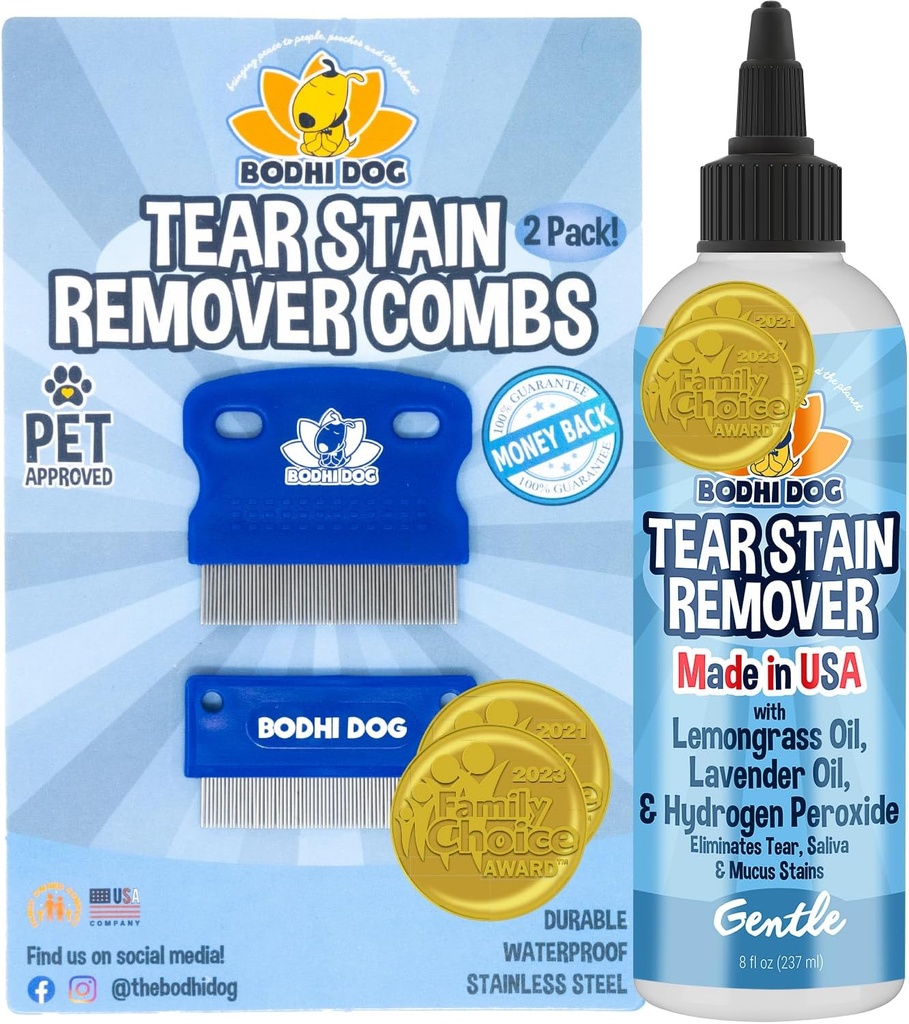 Bodhi Hund Tear Stain Remover & Tear Stain Remover Combs - Nænsomt Fjerner hænder, Dirt fra Pet Eyes - Sikker & blid på hunde og katte - Cleans Delicate Fur - Ideel til Grooming & Tear Stain Forebyggelse