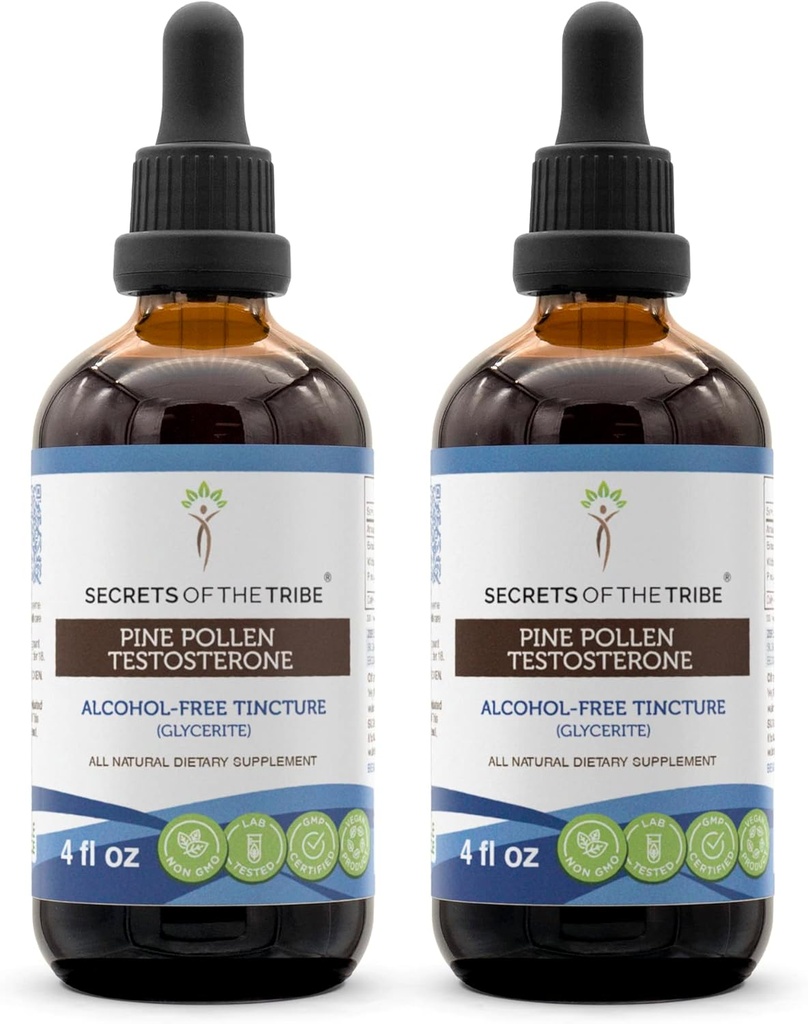 Secrets of the Tribe Pine Pollen Testosteron Tincture Alcohol- Free Extract, Wildcrafted Pine Pollen (Scots Pine, Pinus sylvestris) Tørret Pollen (2x4 FL OZ)
