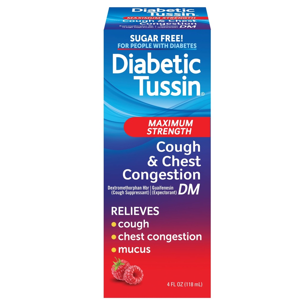 Diabetic Tussin DM Maksimal styrke Host og bryst Congestion Relief Liquid Host Syrup, Safe for Diabetics, Berry Flavored, 4 Fl Oz (pakke med 1)