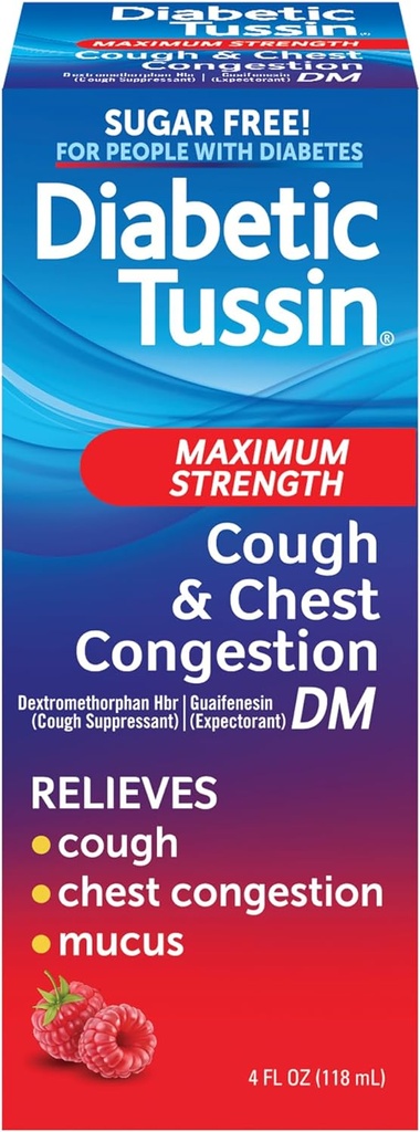 Diabetic Tussin DM Maksimal styrke Host og bryst Congestion Relief Liquid Host Syrup, Safe for diabetes, Berry Flavored, 4 Fl Oz (pakke med 1)