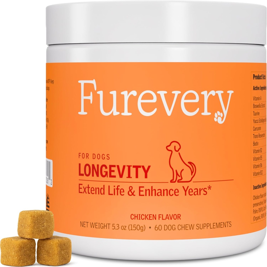 Longevity Hund Multivitamin 11- in-1 Daglige tygge Kylling Opskåret med Flaxseed, 60 Greve, Understøtter Hip og fælles sundhed, immunsystem, hud og kappe, hjerte sundhed, energi og vitalitet