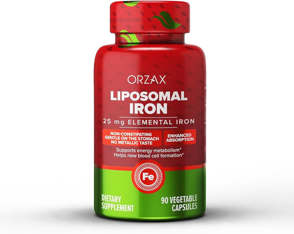 ORZAX Iron Supplement 25 mg - Liposomal Technologi- High Bioavailability 90 Vegetabilske kapsler, Hjælper ny blodcelleproduktion, Non- Constipating, Non- GMO & Gluten Free, for kvinder, mænd, voksne
