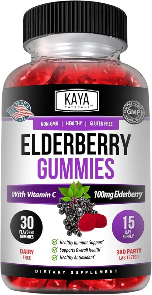 Kaya Naturals immunforsvar Vegetarisk Vitamin Gummy, Zink, C-vitamin, Elderberry, E-vitamin, Lemon Flavor (30 gummies)